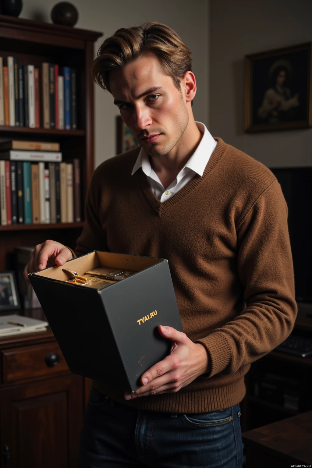 A person in a brown sweater holds an open box labeled "TYAI.RU.