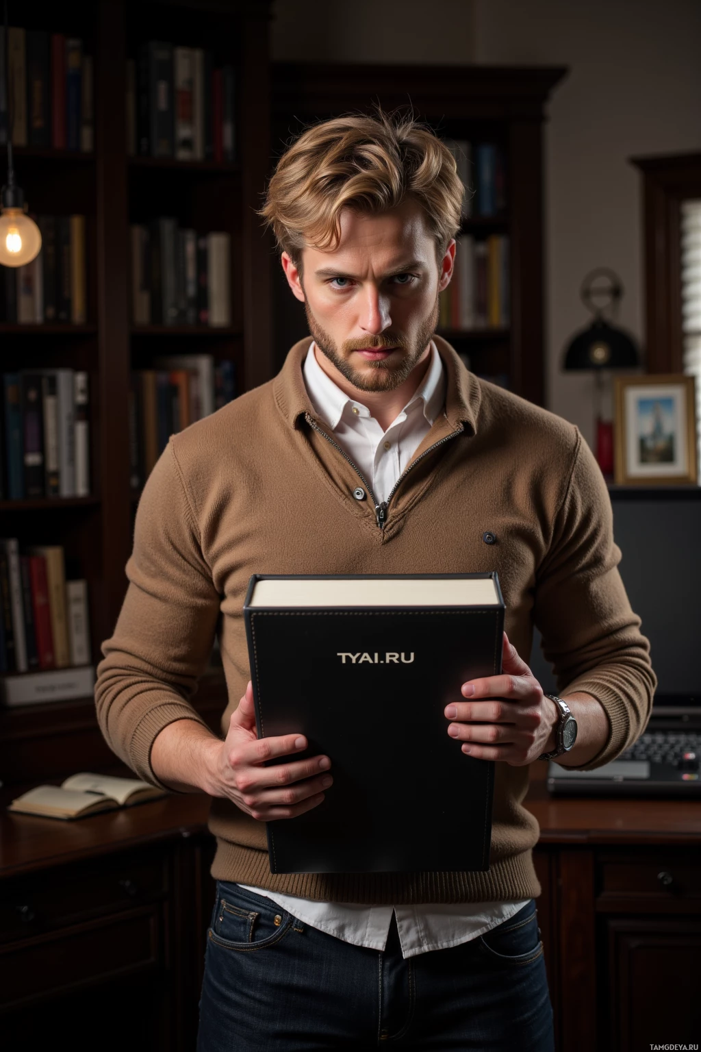 A man holds a black box labeled "TYAI.RU" in front of him while standing in an office setting with bookshelves and a desk behind him.