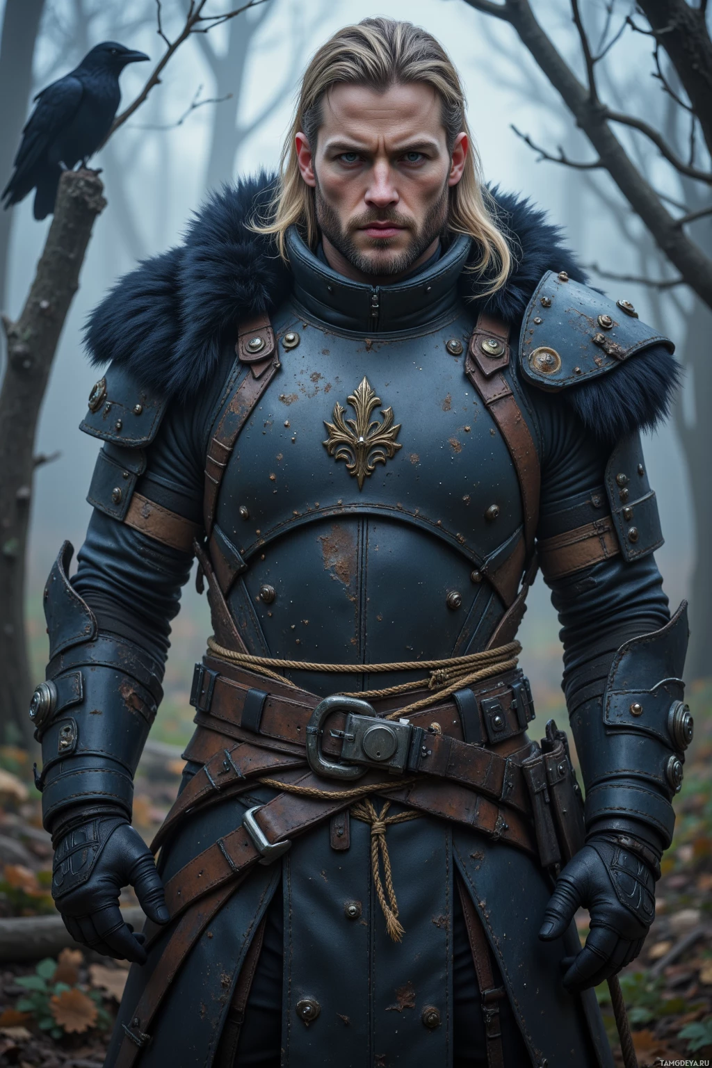 A person in medieval armor stands amidst a misty forest with a crow perched on a branch behind them.
