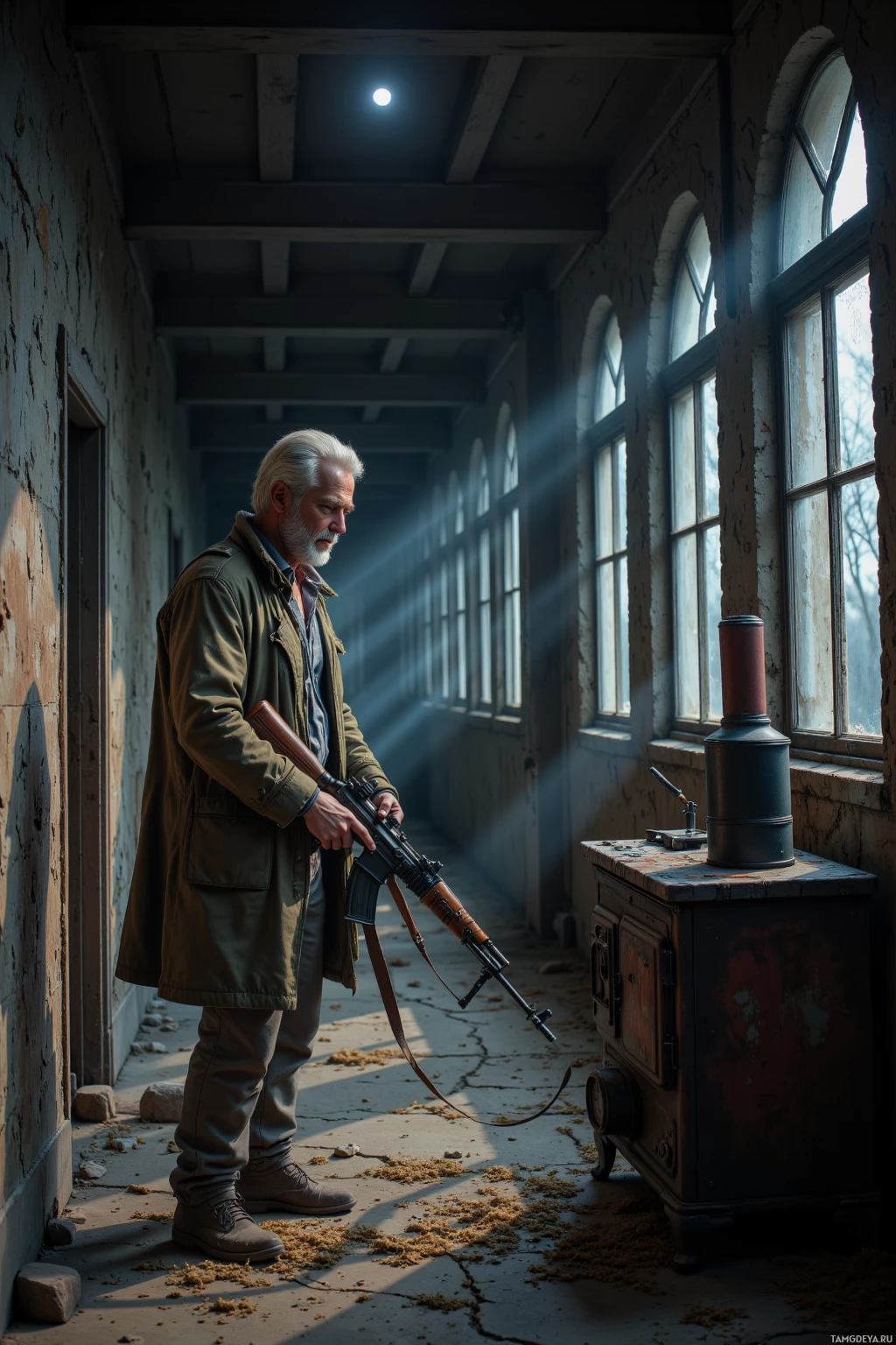 A man stands in an old, sunlit corridor holding a rifle, with a stove and arched windows visible nearby.