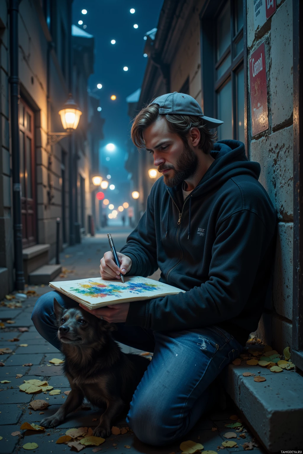 A person sits on a step in a dimly lit alley, sketching in a notebook while a small dog sits beside them.
