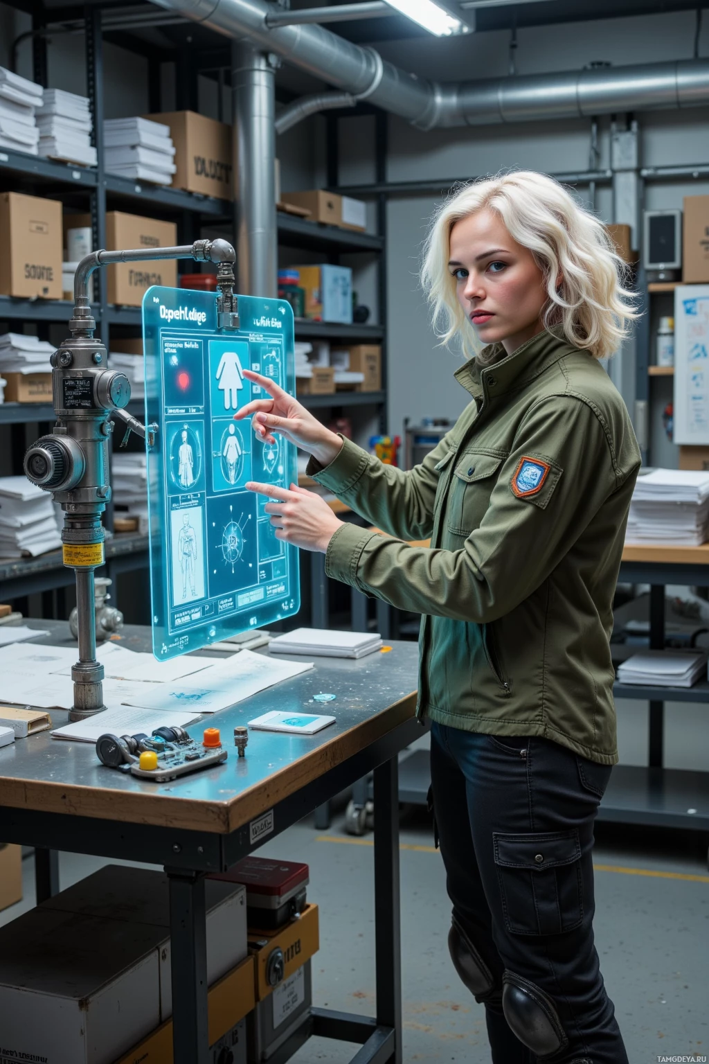 A person in an olive green jacket interacts with a futuristic holographic interface in a workshop setting.
