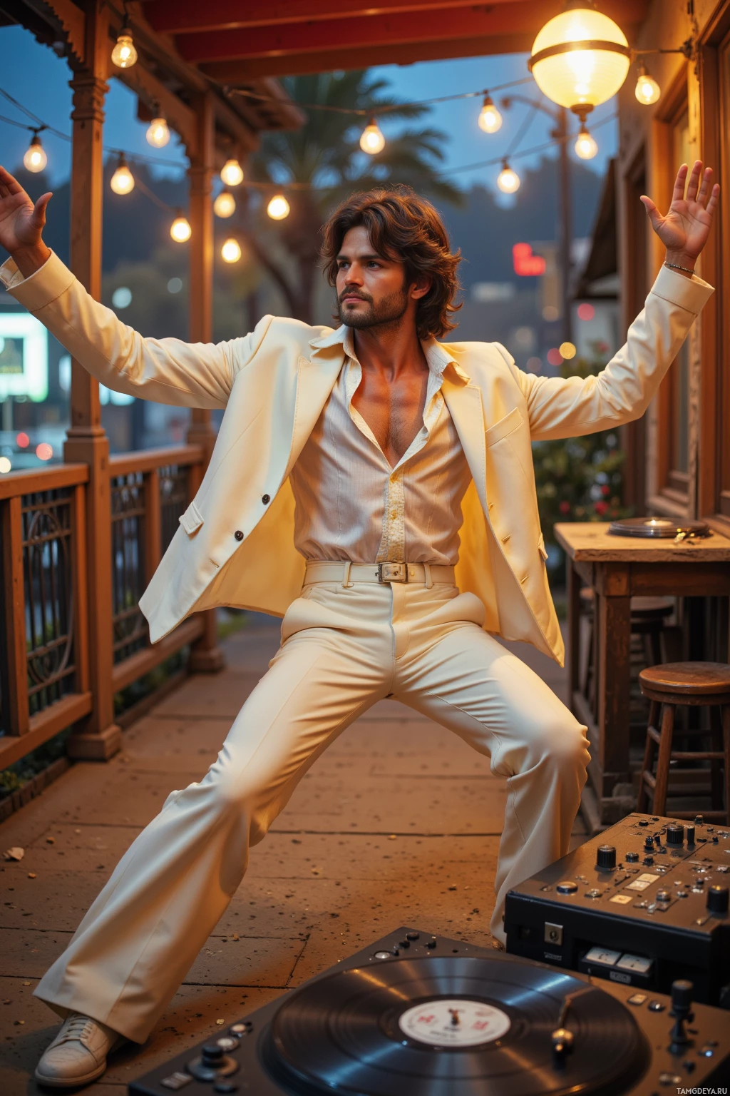 A person in a cream-colored suit dances on a patio with string lights and a DJ setup.