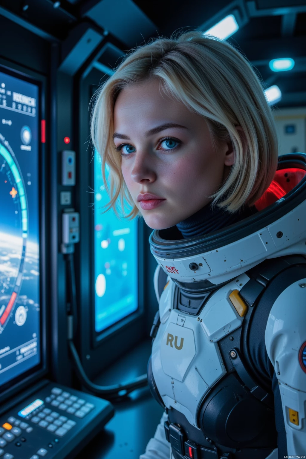 A person in an astronaut suit stands inside a spacecraft with illuminated control panels and windows showing space outside.