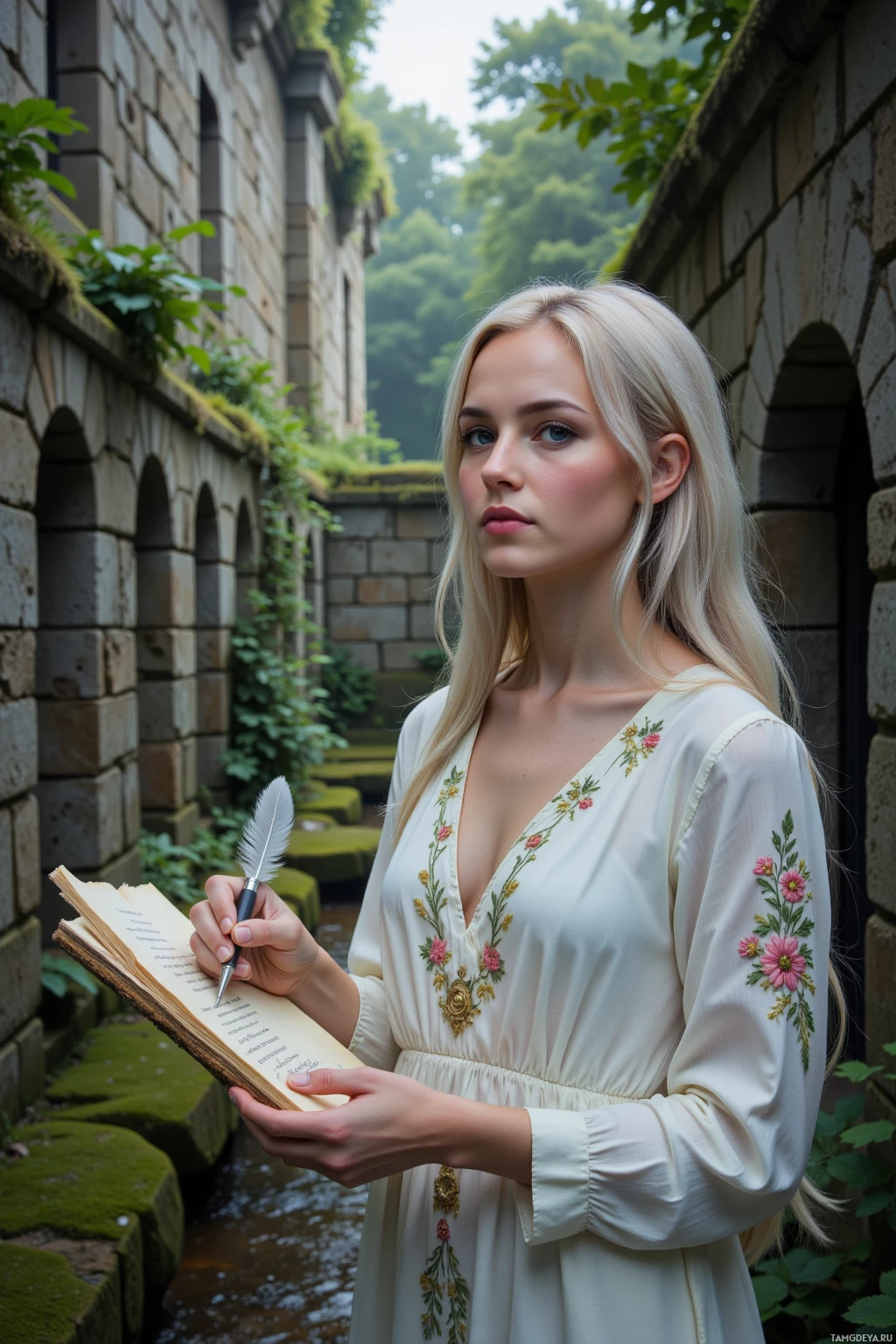 A person in a floral dress holds a quill and an open book, standing in a stone-walled courtyard.