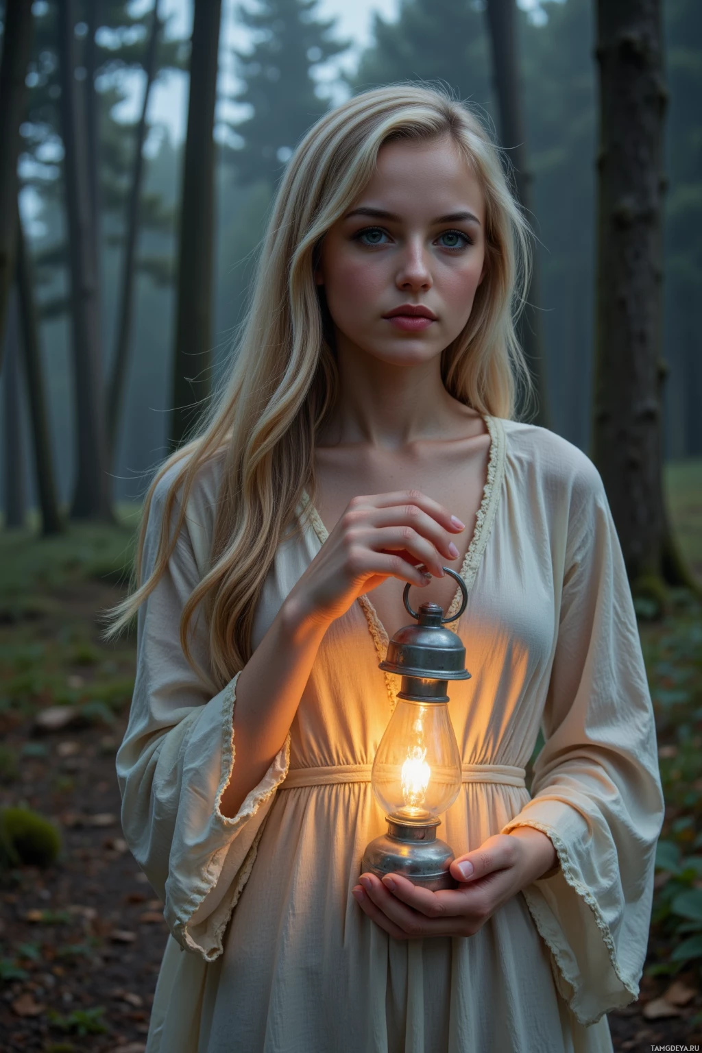 A person in a forest holds a lit lantern.