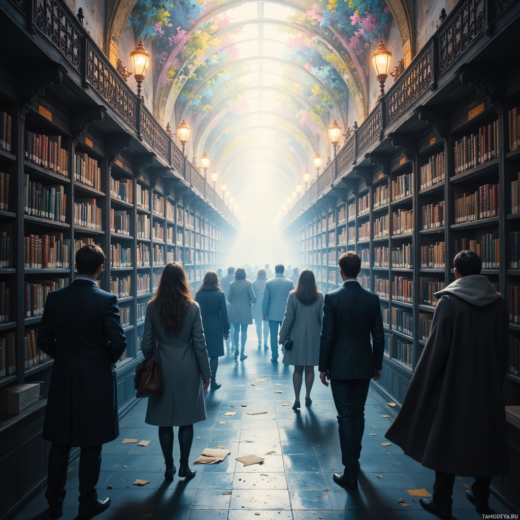 A group of people walks through a grand library with tall bookshelves and a colorful, arched ceiling.
