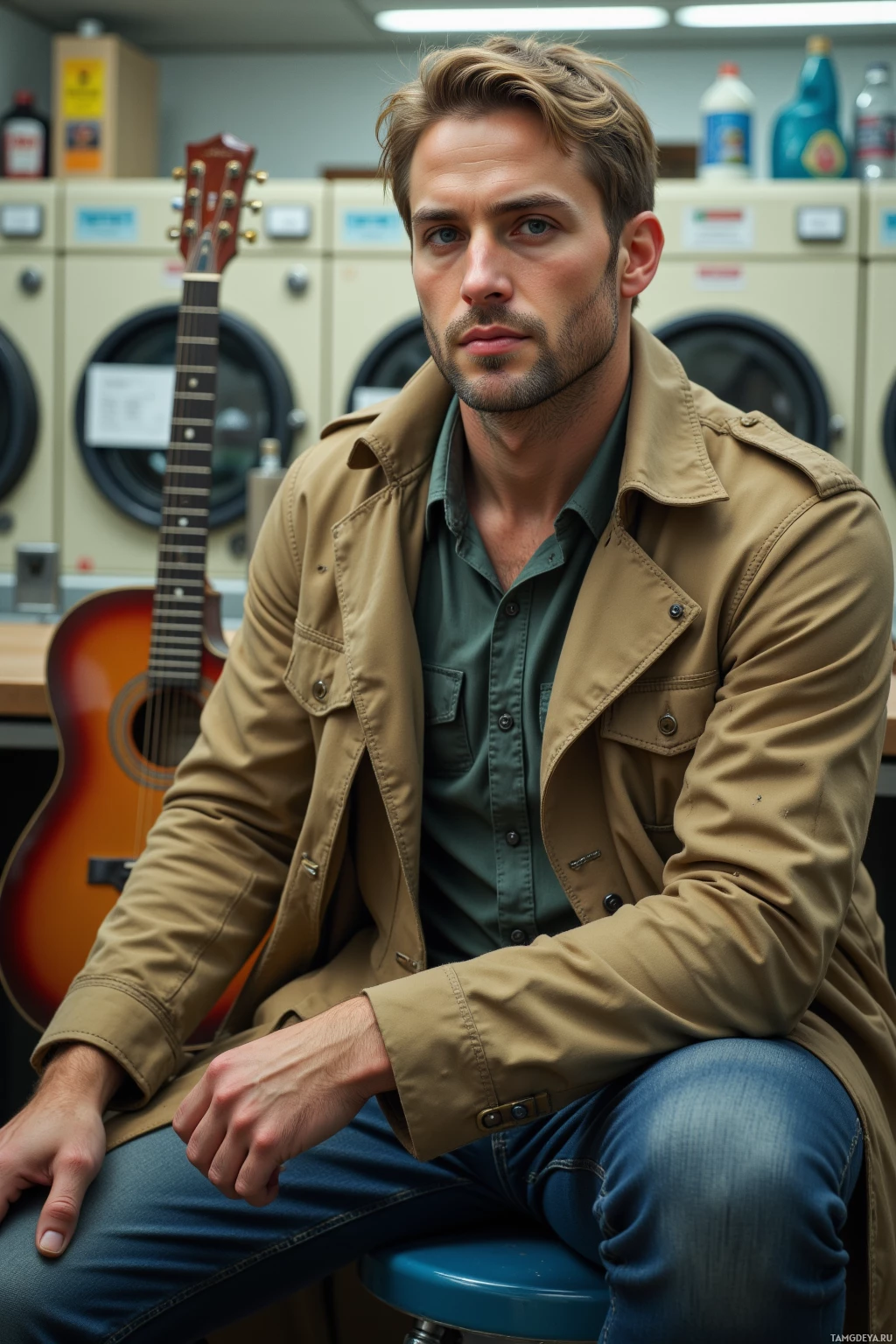 A man in a beige jacket and green shirt sits in a laundromat with a guitar in the background.