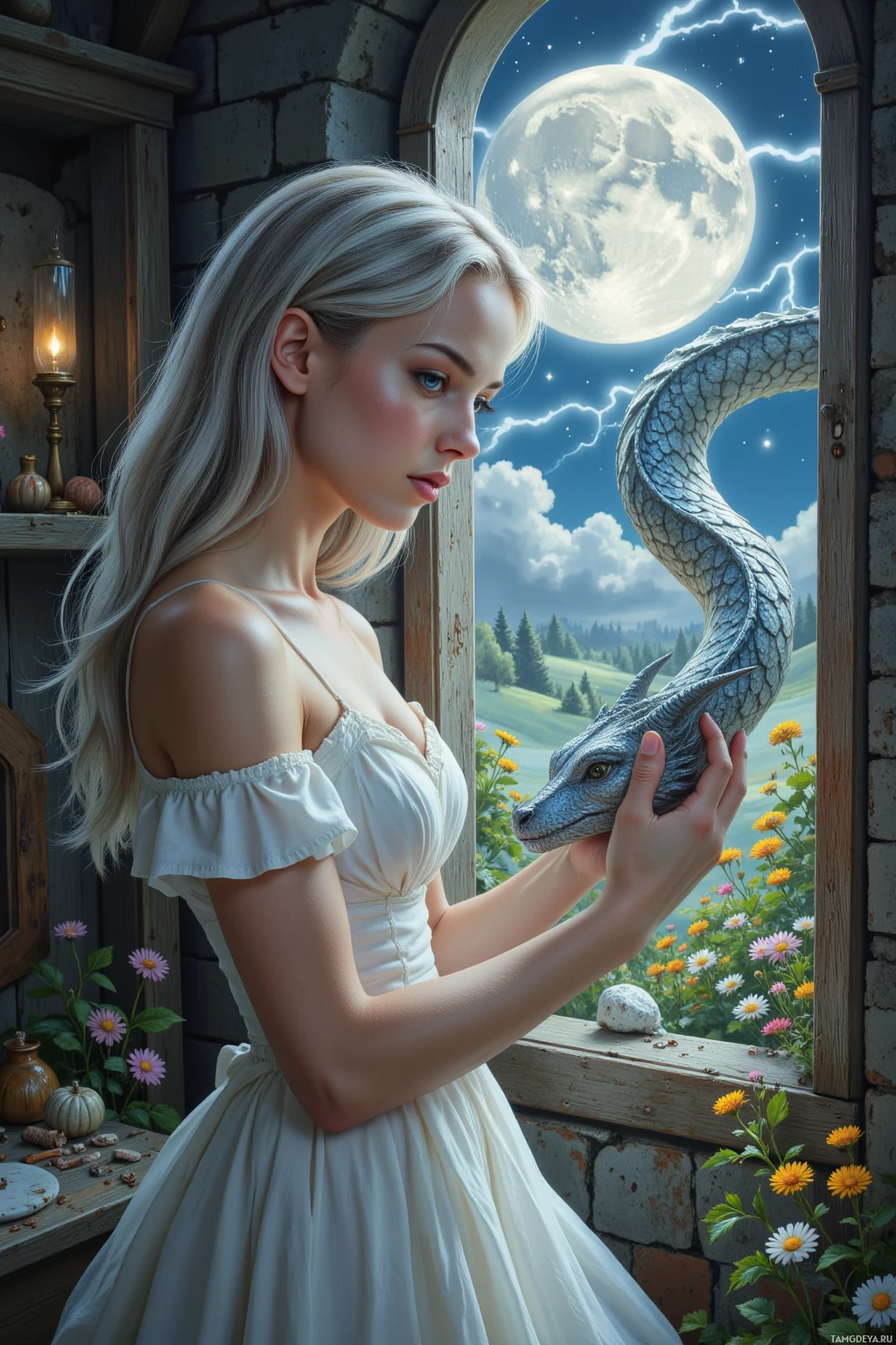 A woman in a white dress holds a dragon's head while looking out at a night sky with a full moon and lightning.