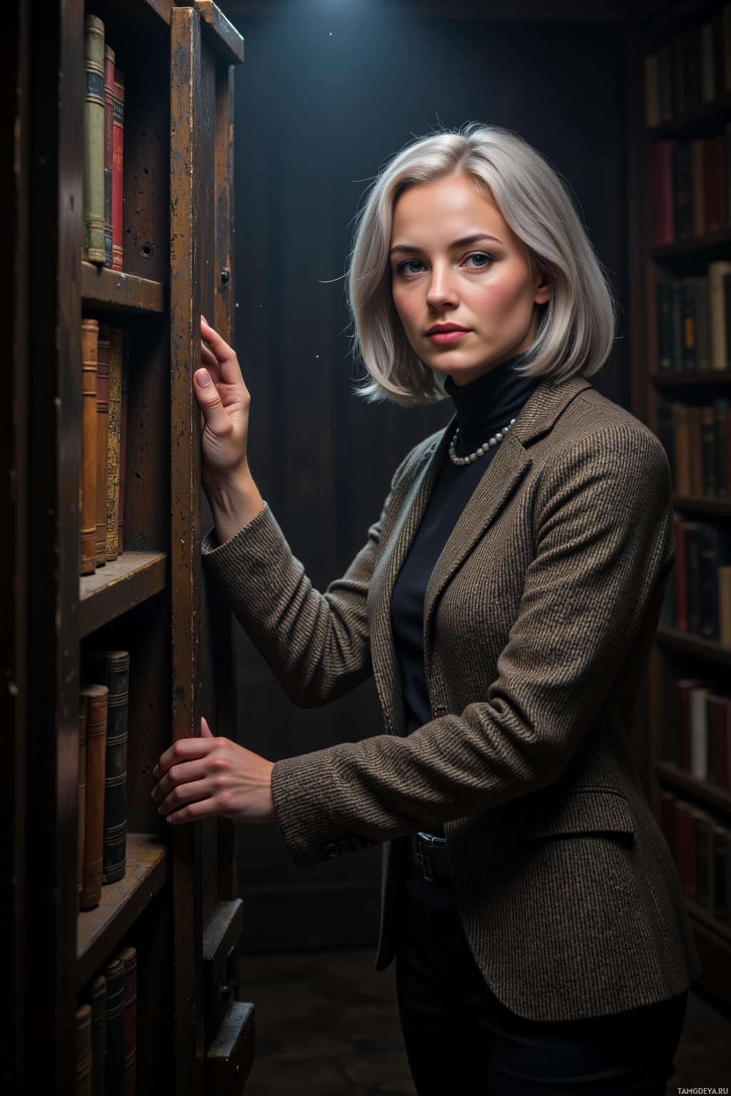 A woman in a brown blazer stands in a dimly lit library, holding a bookshelf.