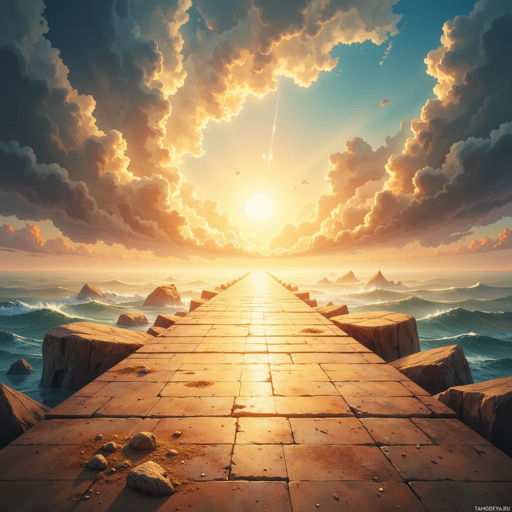A serene sunset over a stone pathway leading towards the horizon, with waves crashing against rocks below.
