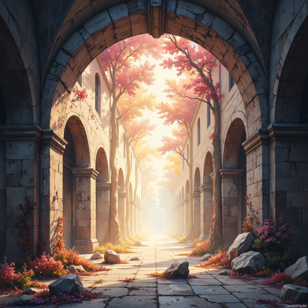 A serene pathway lined with arches and vibrant autumn foliage leads to a bright, sunlit horizon.