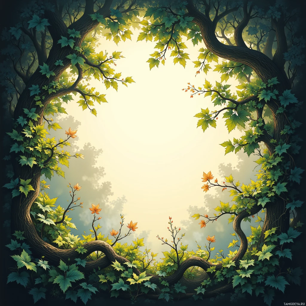 A lush, vibrant forest scene with intertwining tree branches and colorful foliage.