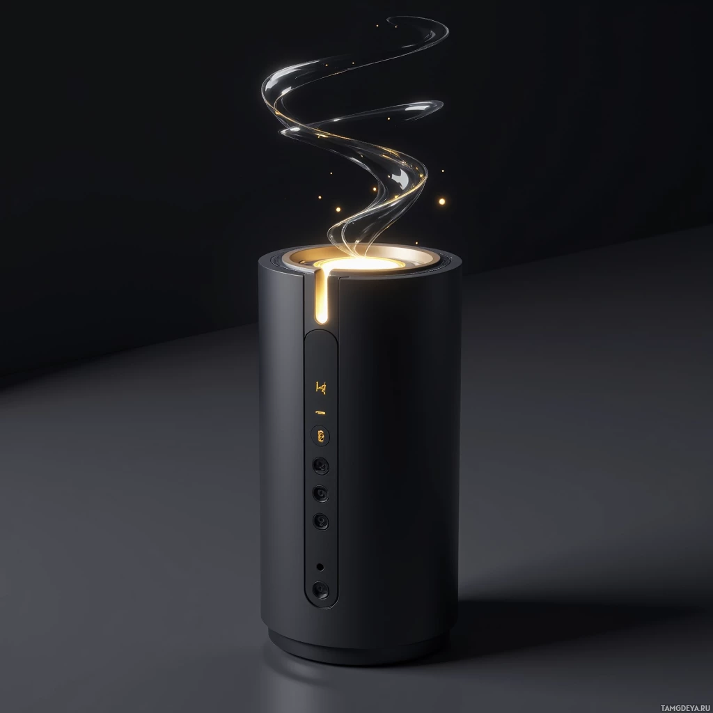 A cylindrical device with glowing elements and a swirling light effect above it.