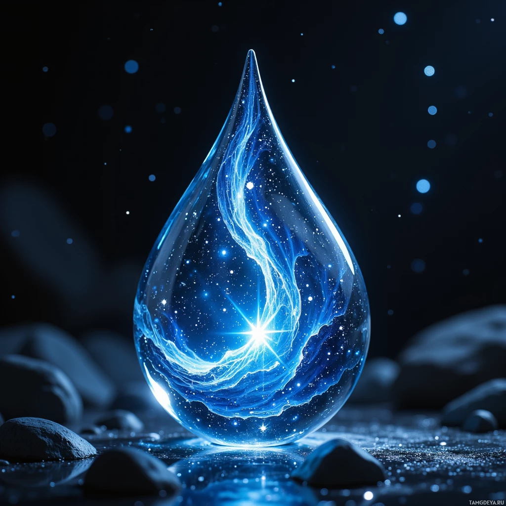 A glowing blue water droplet with starry and cosmic patterns inside is set against a dark background with scattered light points resembling stars or distant galaxies.