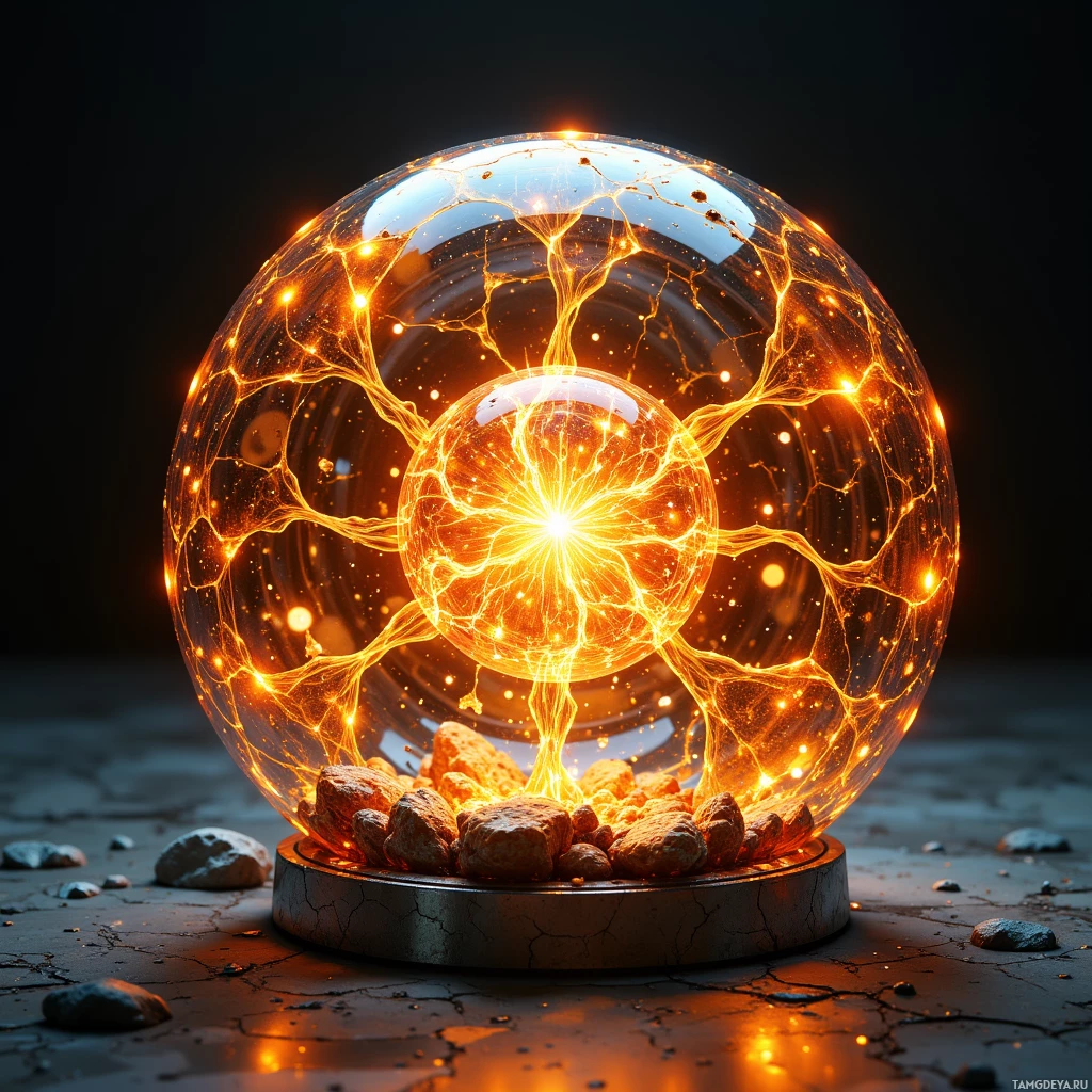 A glowing, fiery sphere with intricate patterns and glowing particles sits atop a cracked, rocky surface.