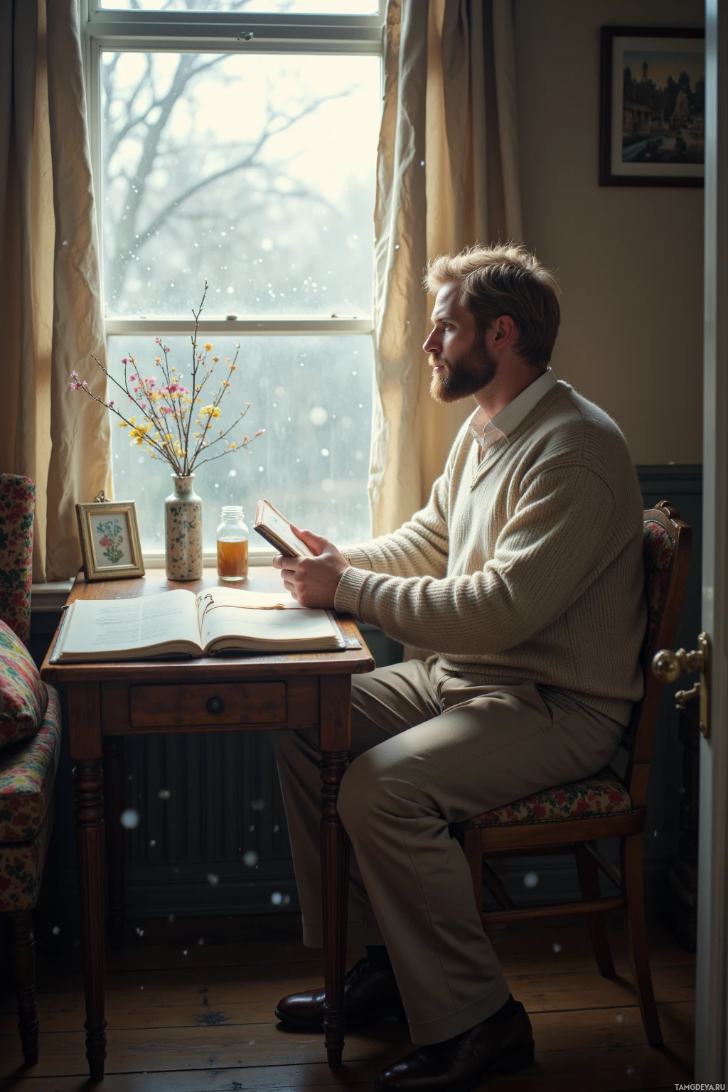 Realistic high quality photo. A calm, tall man with blond hair and blue eyes, wearing a simple light sweater and trousers, sits at a small wooden table in a modest living room with thin curtains, watching snowflakes pause outside the window in gentle morning light while opening a small journal.