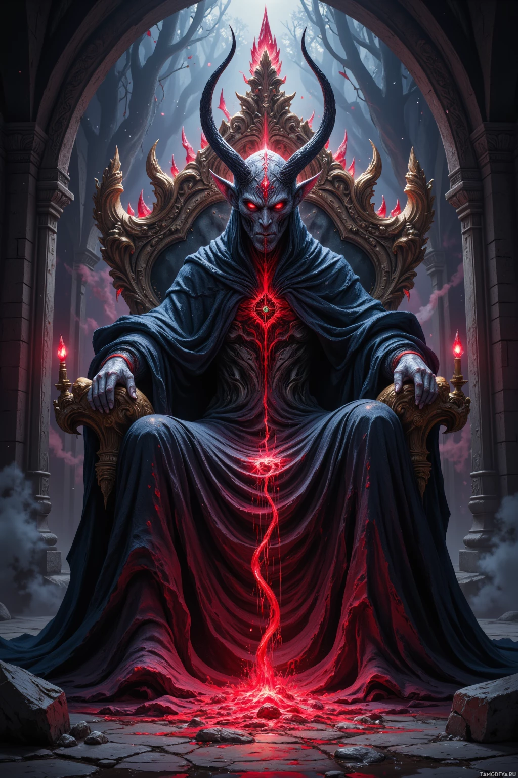 A demonic figure sits on a throne, draped in dark robes, with red energy emanating from its body.