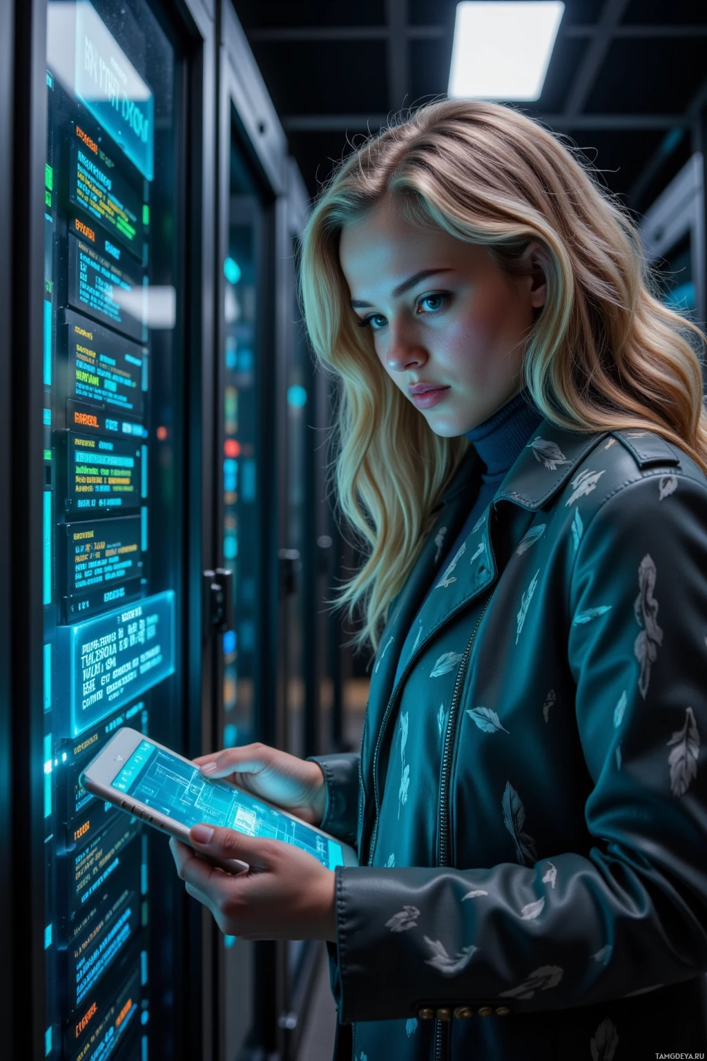 A person in a dark jacket stands in a server room, holding a smartphone with a glowing interface.