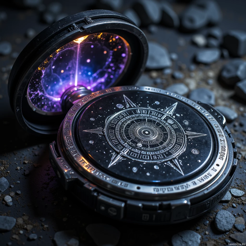 A close-up of a compass with a glowing, cosmic design inside its case.