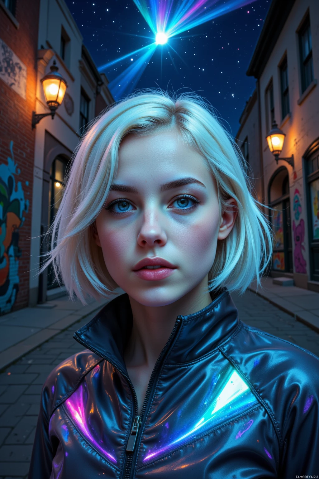 A person with short blonde hair stands on a street at night, wearing a shiny black jacket.