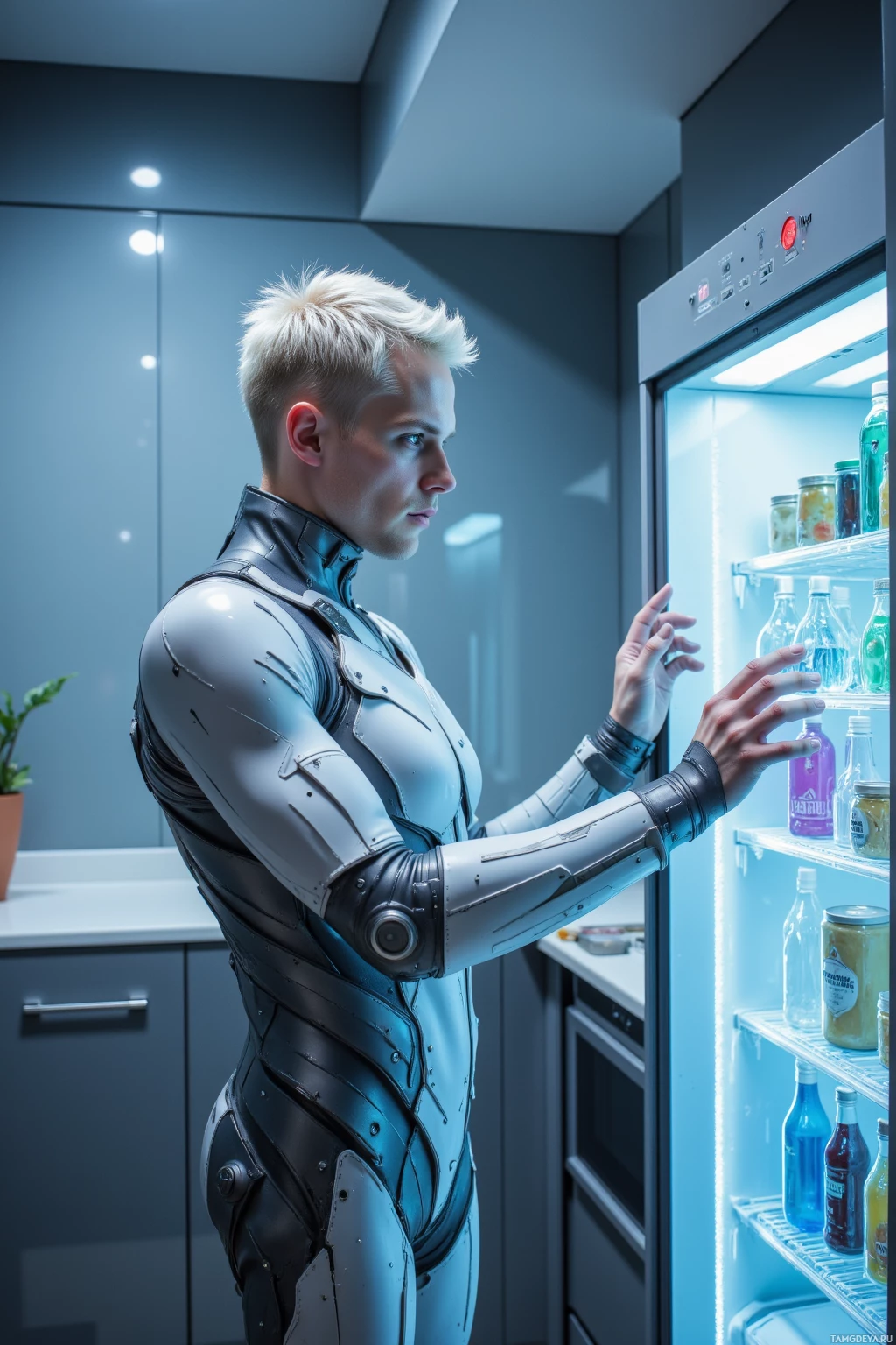 A person in futuristic armor stands by an open refrigerator, reaching inside.