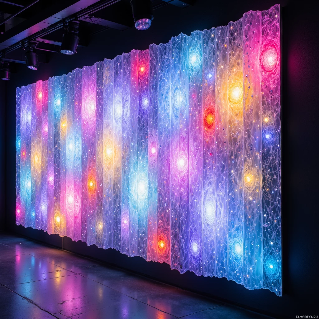 A vibrant, illuminated art installation featuring a gradient of colors and glowing patterns.