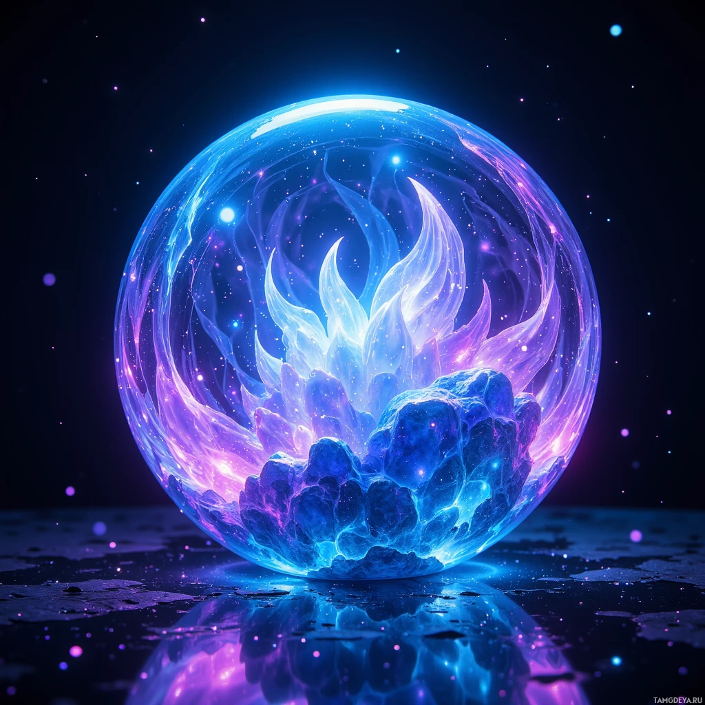 A glowing, ethereal sphere with swirling blue and purple flames and a rocky base, set against a starry night sky.