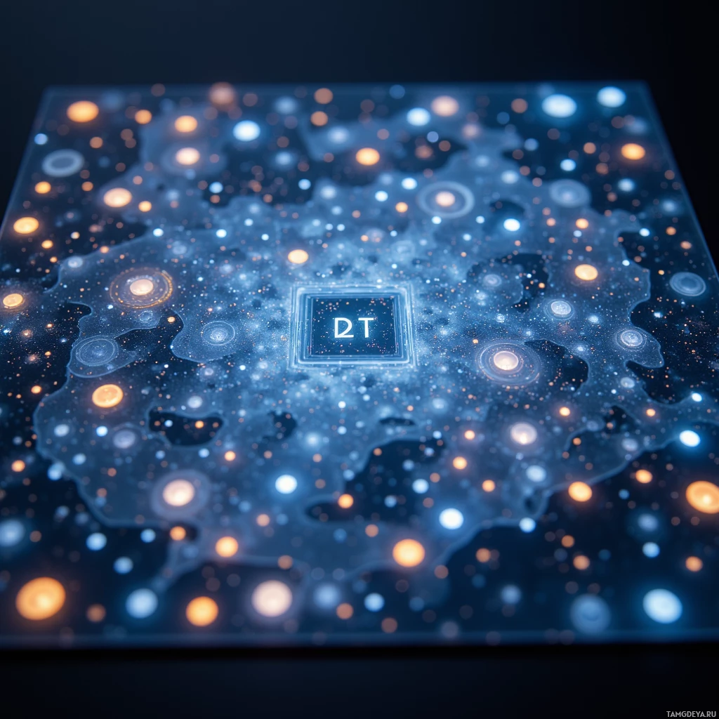 A glowing, abstract pattern with a central square and scattered light spots against a dark background.