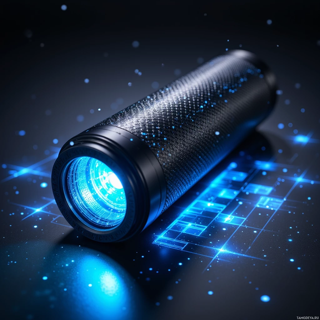 A futuristic cylindrical device with glowing blue lights and intricate patterns on its surface lies against a dark background.