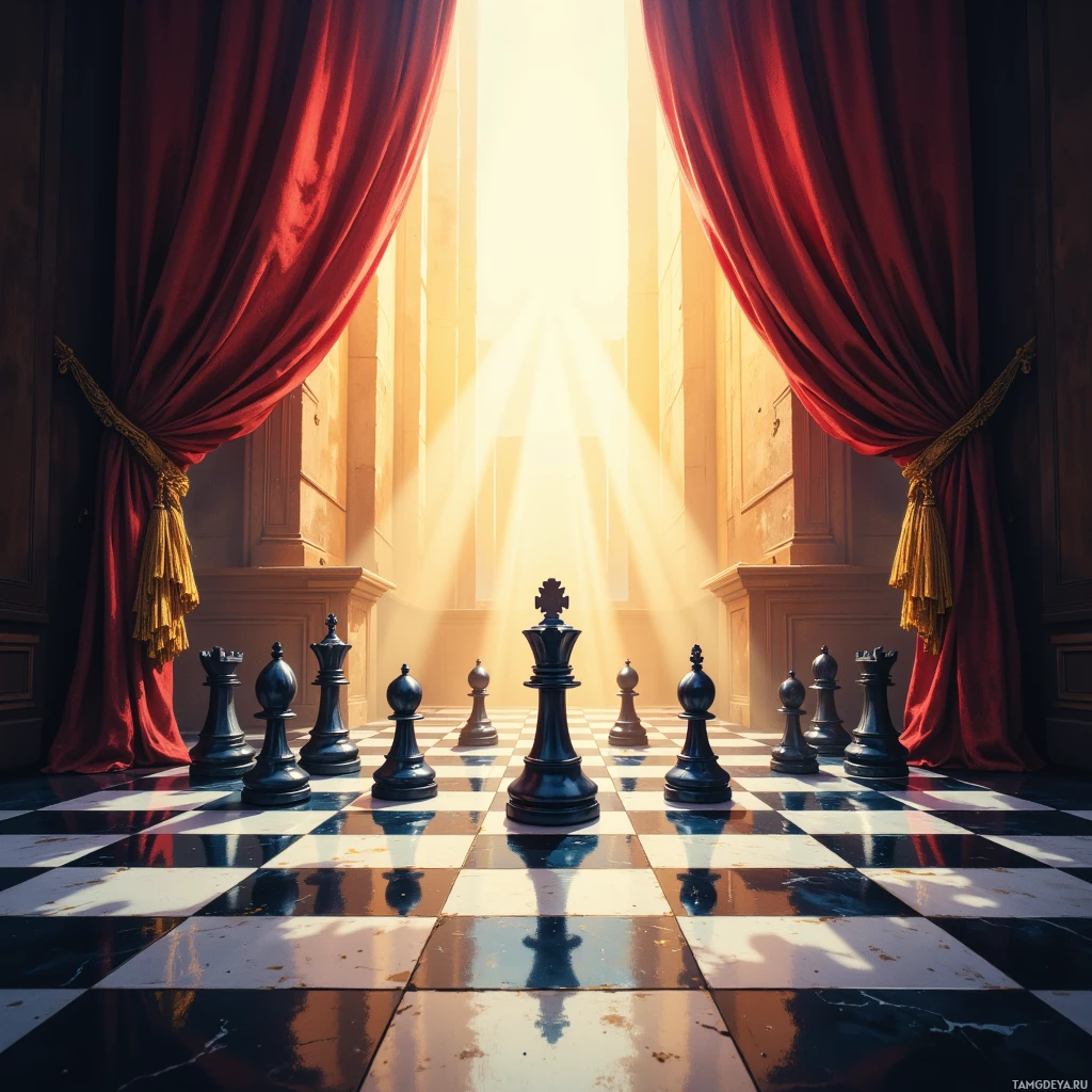 A grand chessboard with black pieces arranged in a line, set against a backdrop of red curtains and sunlight streaming through a window.