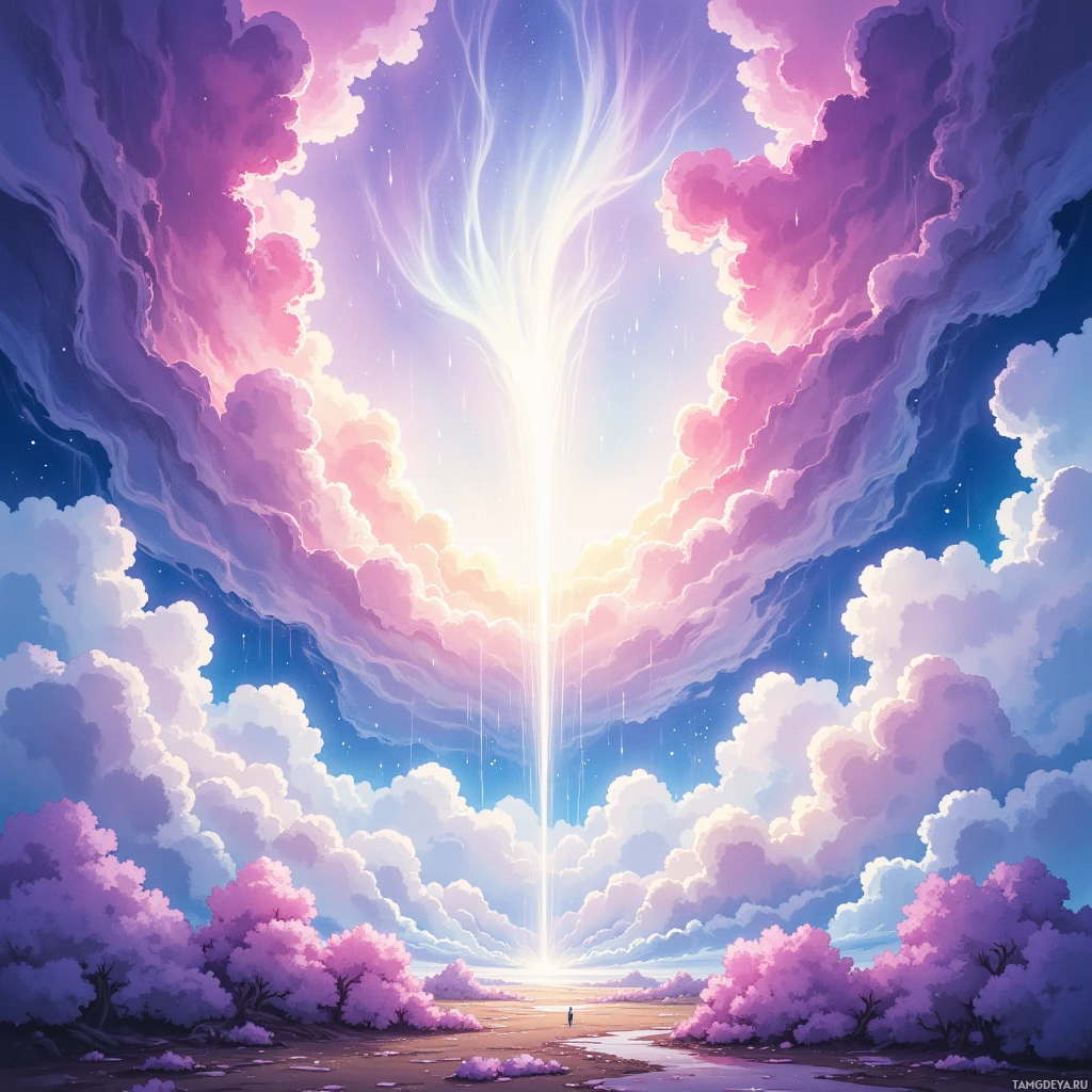 A vibrant sky with a radiant light beam descending amidst colorful clouds.