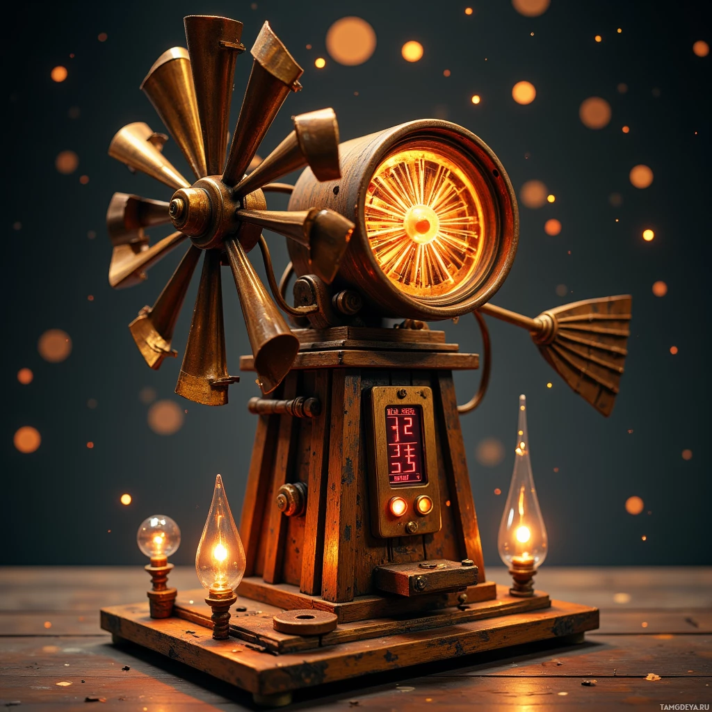 A steampunk-inspired device with a glowing central light, wooden structure, and mechanical components.