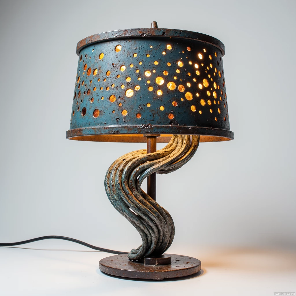 A rustic lamp with a perforated shade and a twisted metal base.