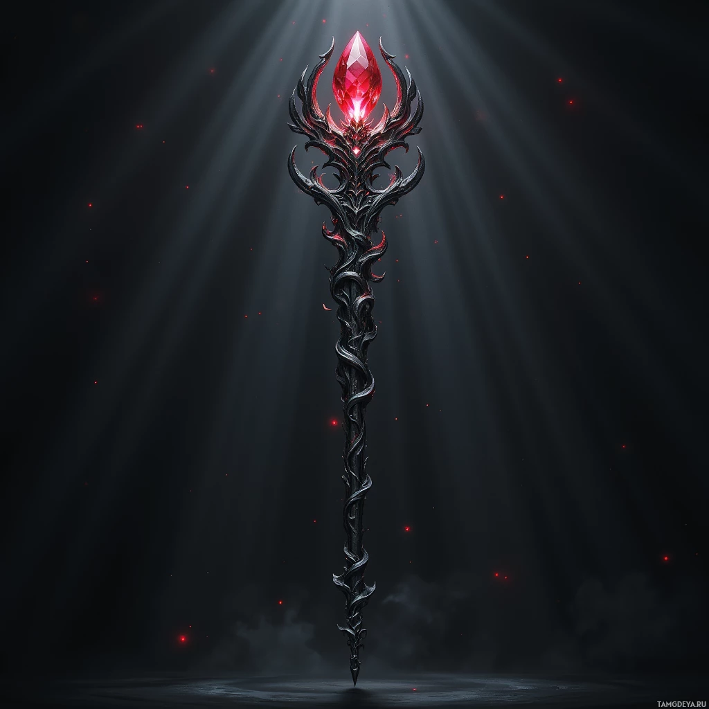 A dark, ornate staff with a glowing red gem at the top stands against a dark background with light rays.
