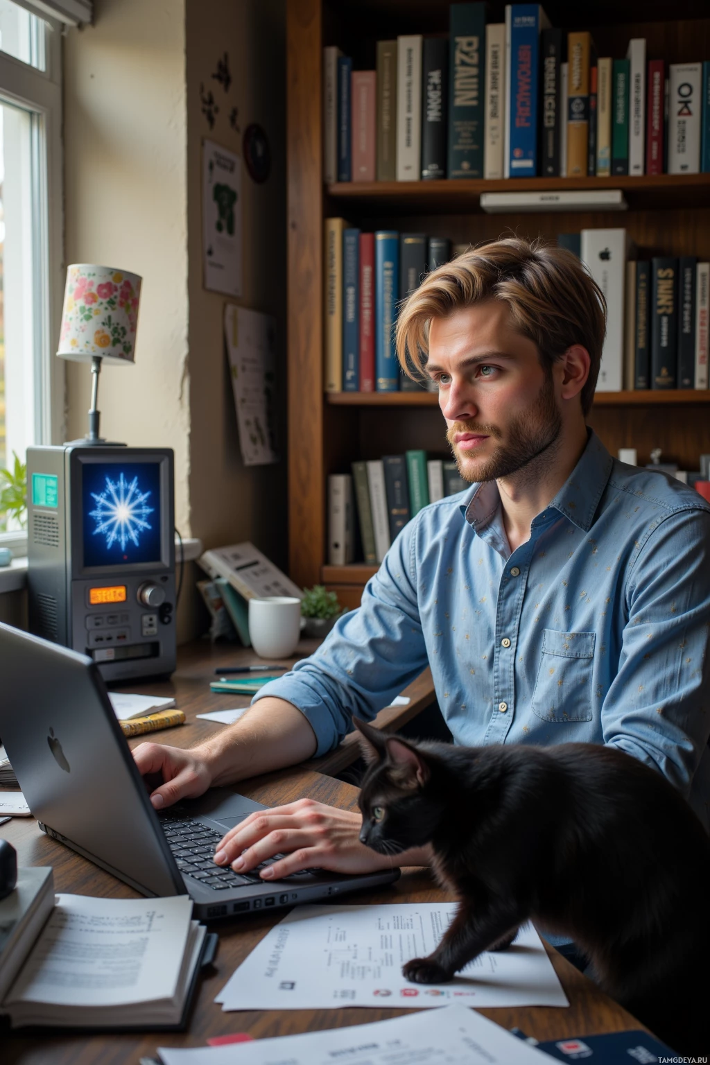 Realistic high quality photo. 32‑year‑old male mathematician with neat blonde hair, sharp blue eyes, clean‑shaven face wearing a slim‑fit geometric patterned shirt, intently studying a laptop screen displaying a snowflake‑like graph in his quiet home office at late afternoon light, while a small black cat pawing at the keyboard, with a vending machine replica and an old mug on a cluttered desk.