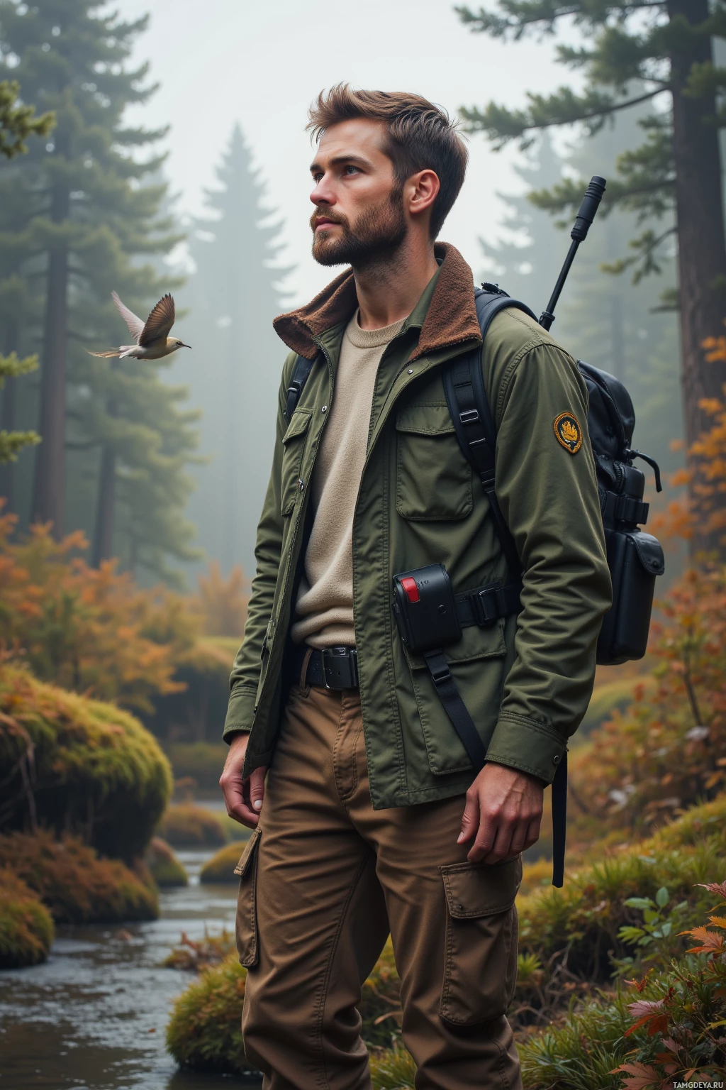 A man in outdoor attire stands in a forested area with a bird flying nearby.
