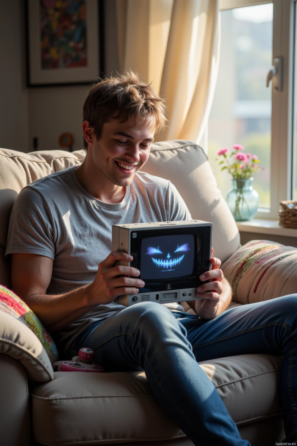 A person is sitting on a couch holding an old-style TV displaying a spooky face.