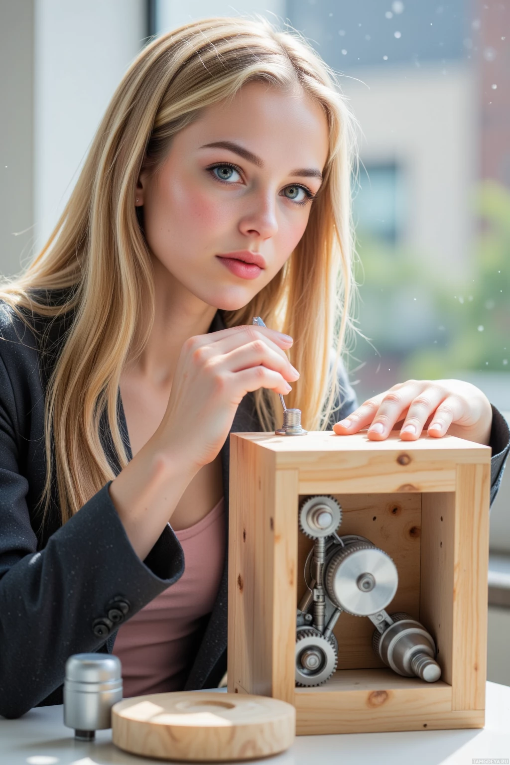 A person is working on a mechanical device inside a wooden box with visible gears and components.
