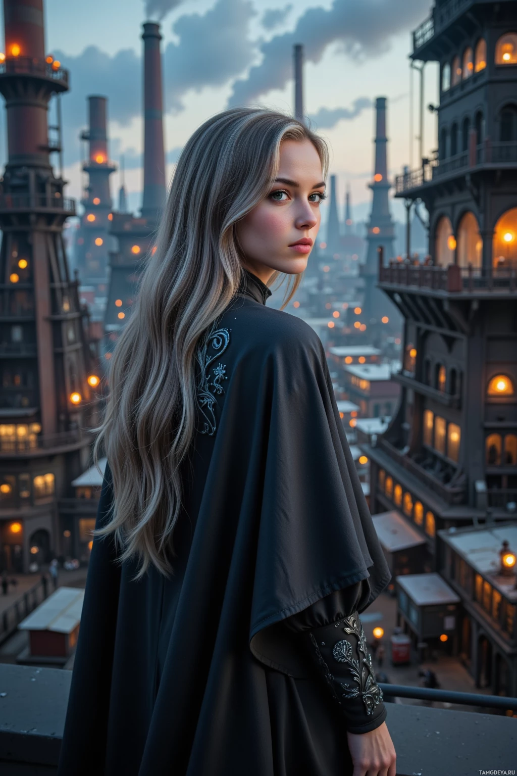 A woman in a black cloak stands on a rooftop overlooking an industrial cityscape with smokestacks.