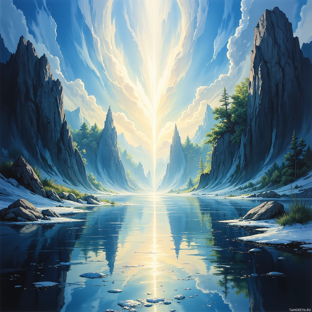 A serene landscape features towering cliffs and a calm river reflecting the sky's radiant light.