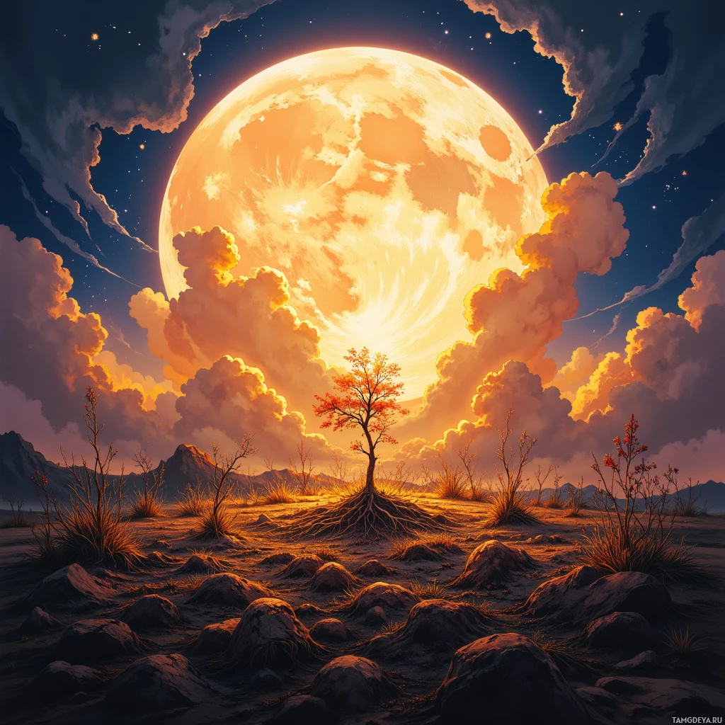 A surreal landscape featuring a large, glowing moon, dramatic clouds, and a solitary tree with red leaves against a rocky terrain.