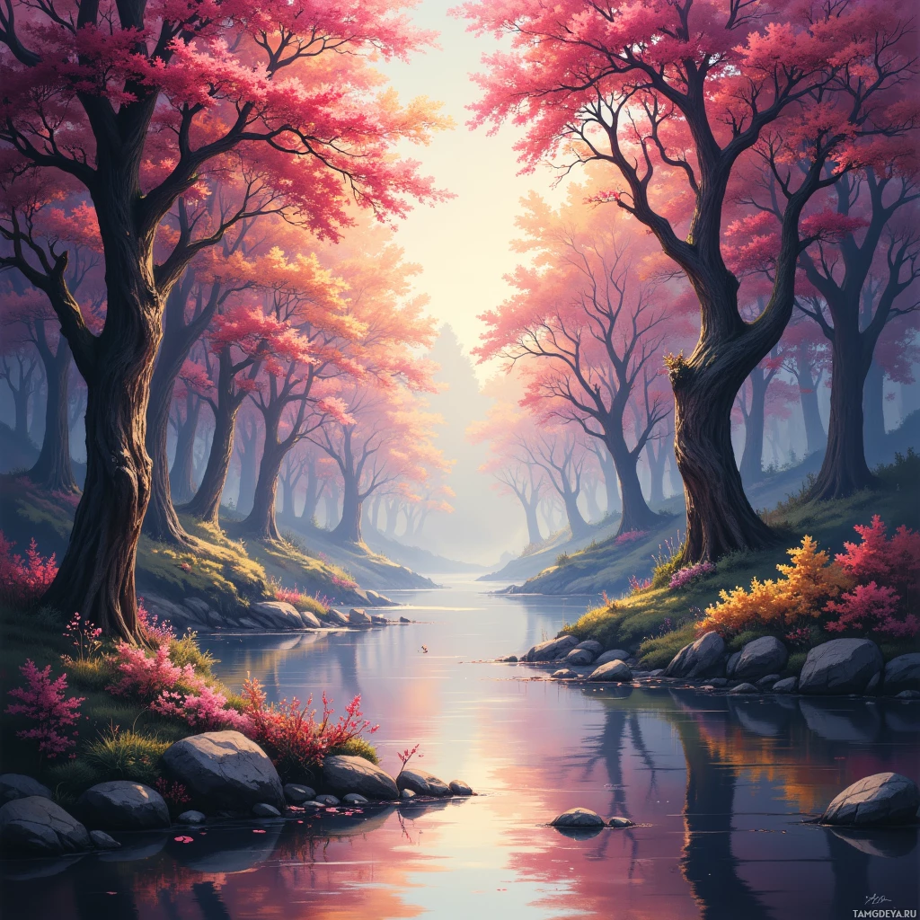 A serene landscape featuring a river flanked by trees with vibrant pink foliage, bathed in soft, warm light.