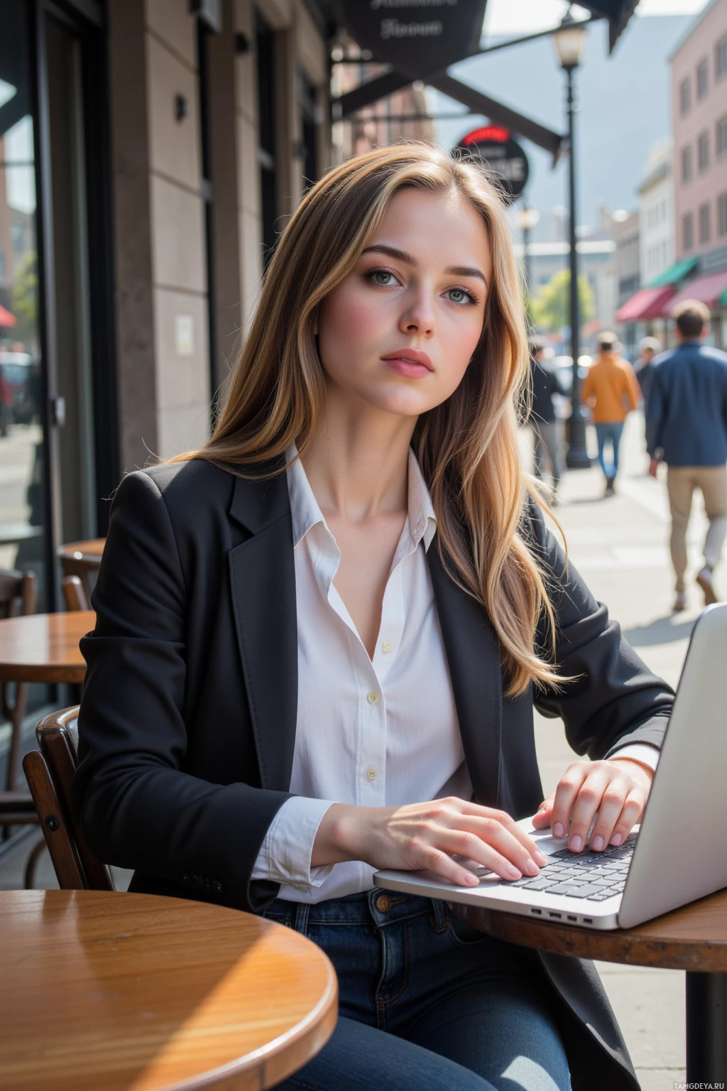 A woman in a black blazer and white shirt works on her laptop at an outdoor café table.