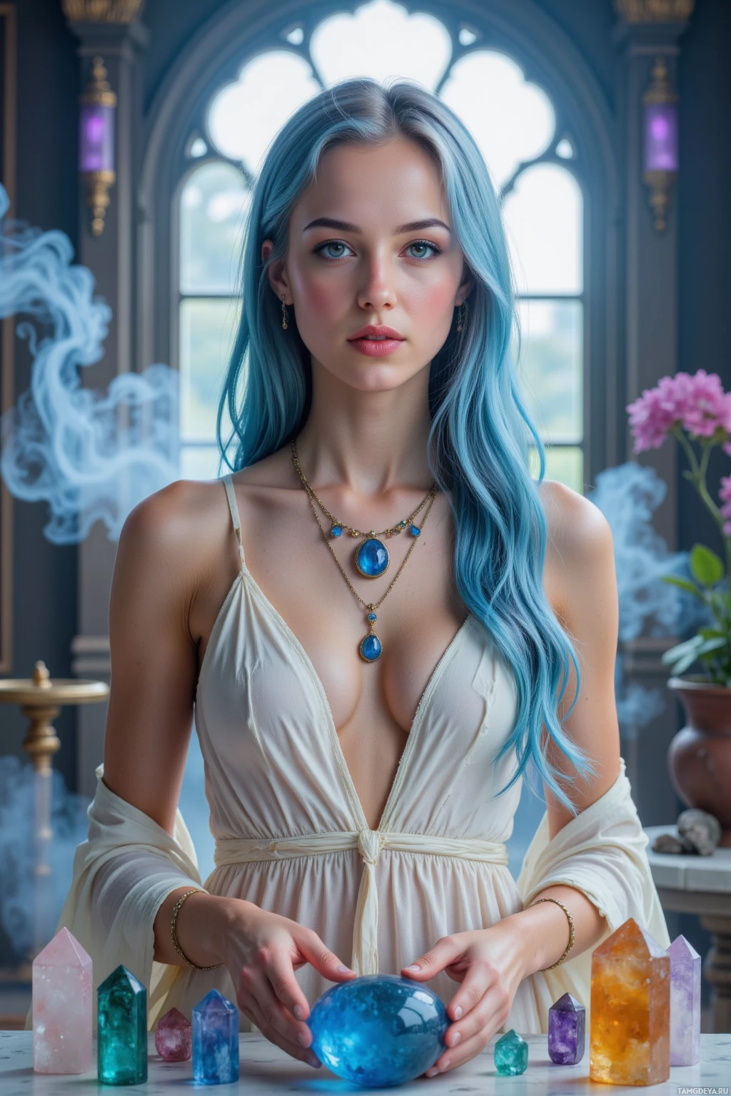 A woman with blue hair and a deep neckline dress holds a blue crystal ball surrounded by other colorful crystals.