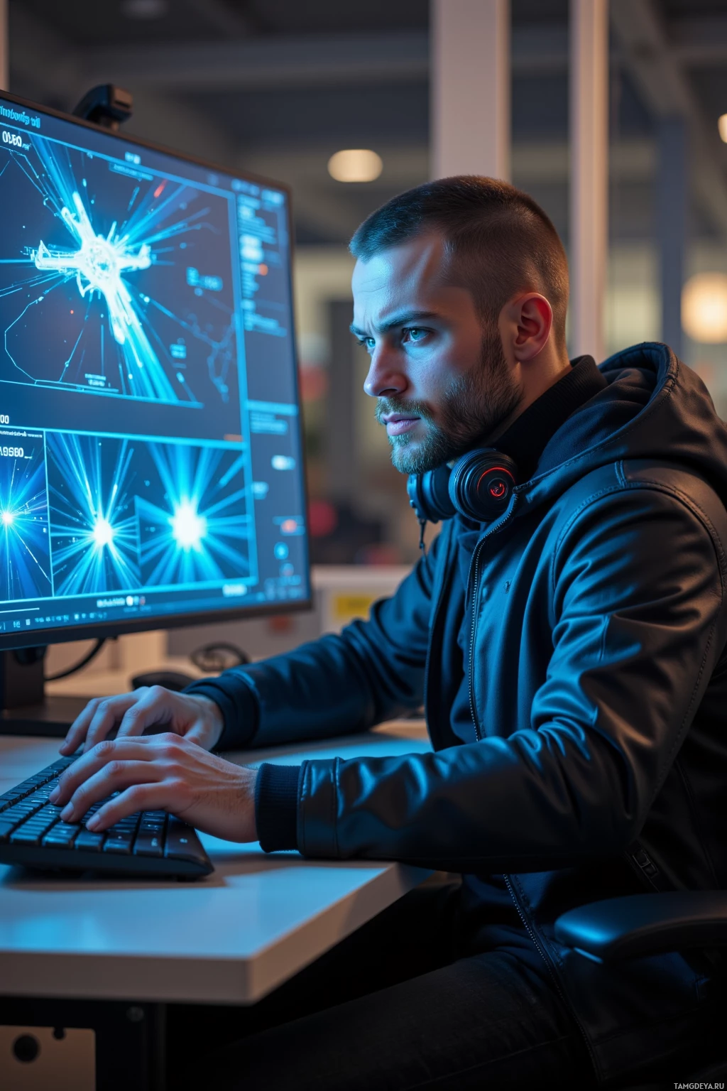 A person wearing headphones works at a computer with a monitor displaying technical graphics and data.