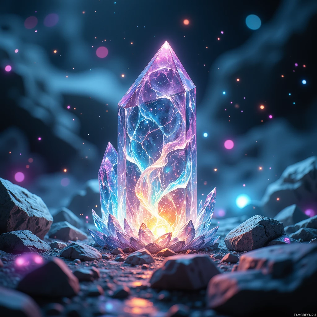 Semi-abstract image with many light, that is suitable for the post:  tiny translucent quartz prism tube etched with swirling patterns, crystal facets refracting light into shifting kaleidoscope colors, delicate surface catching soft glow