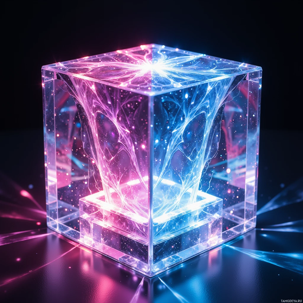A glowing, transparent cube with intricate, swirling patterns of light inside, set against a dark background.