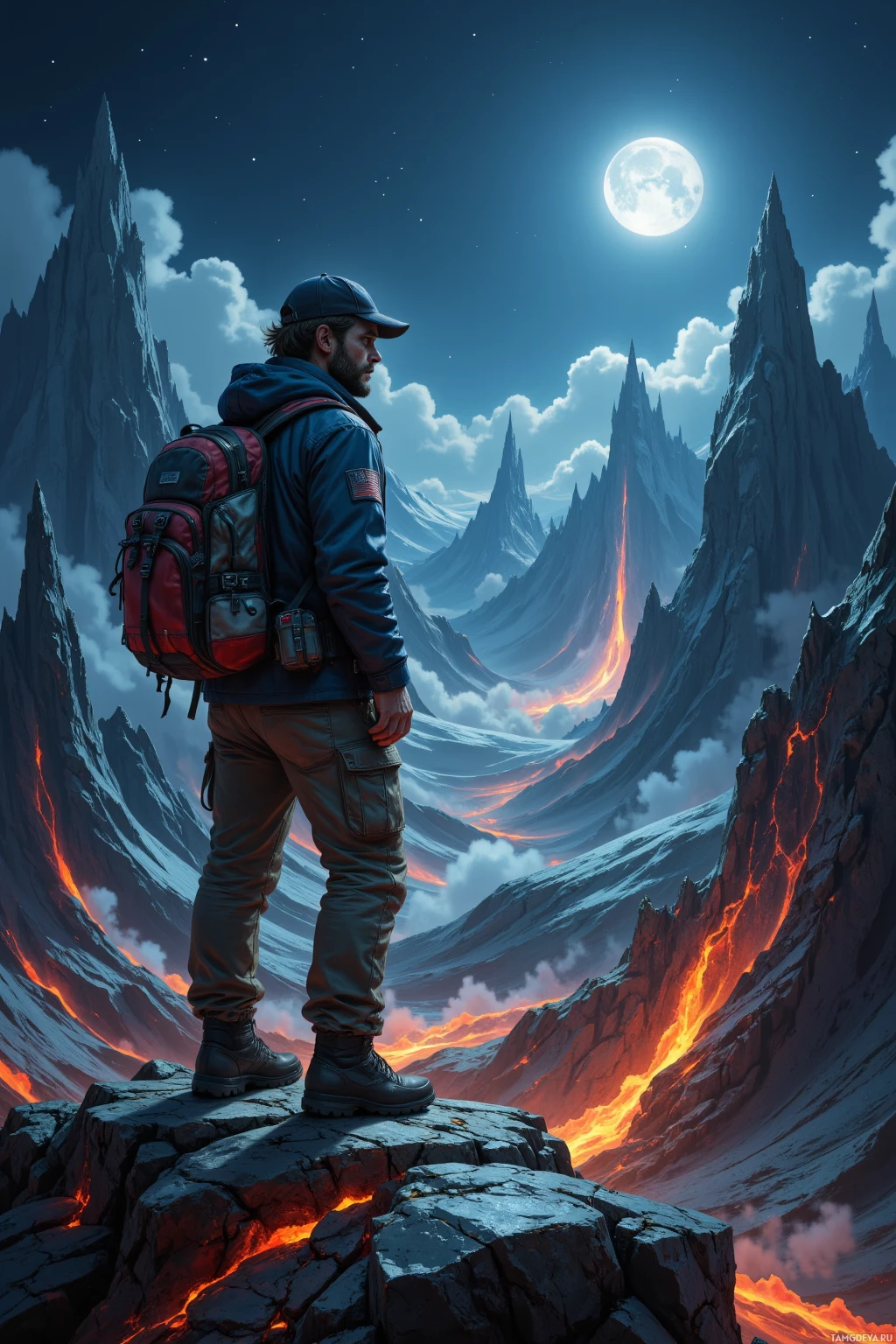 A lone hiker stands atop a rocky peak, gazing at a moonlit, volcanic landscape.