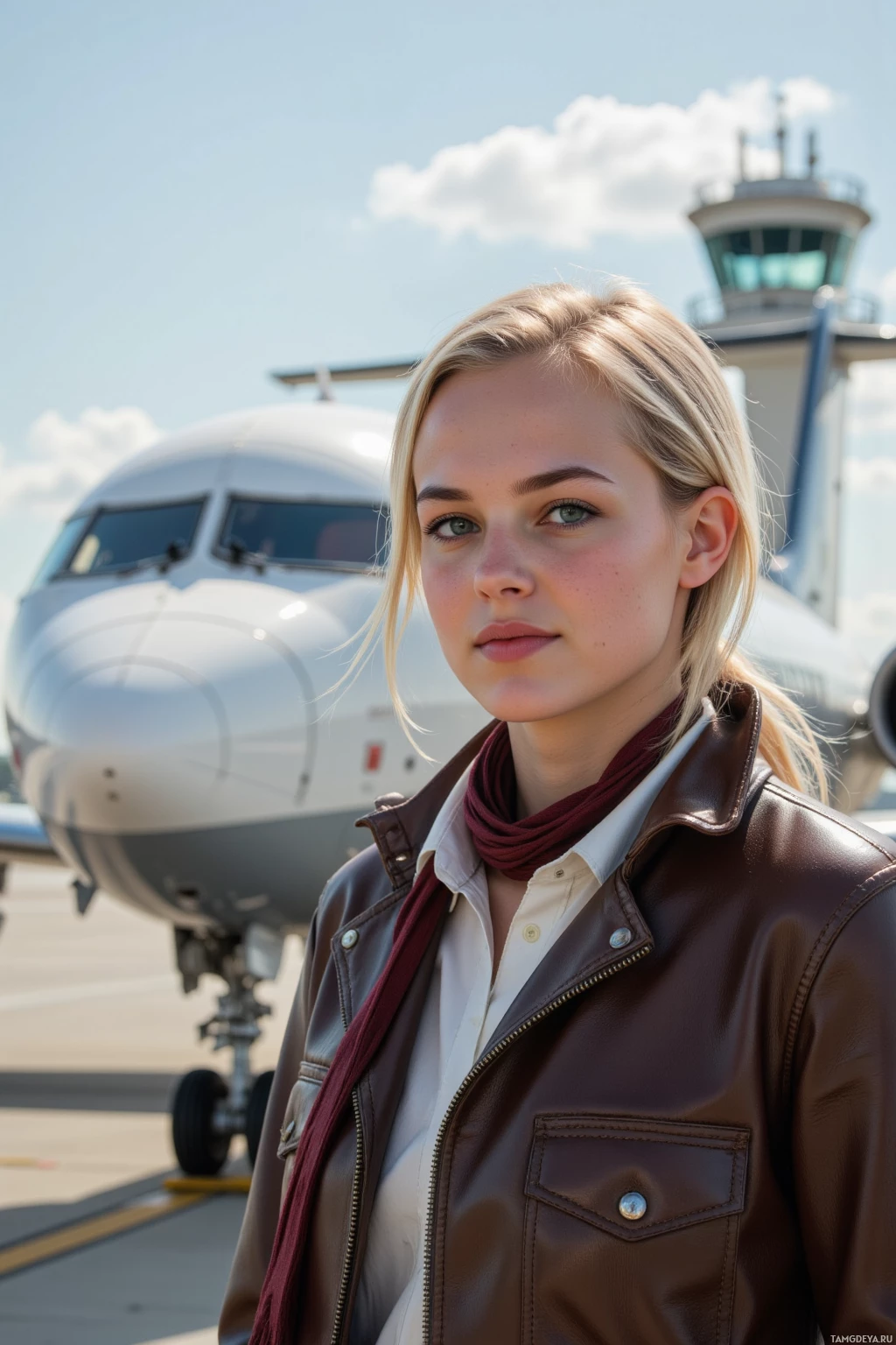 A person stands in front of an airplane with a control tower visible in the background under a partly cloudy sky.